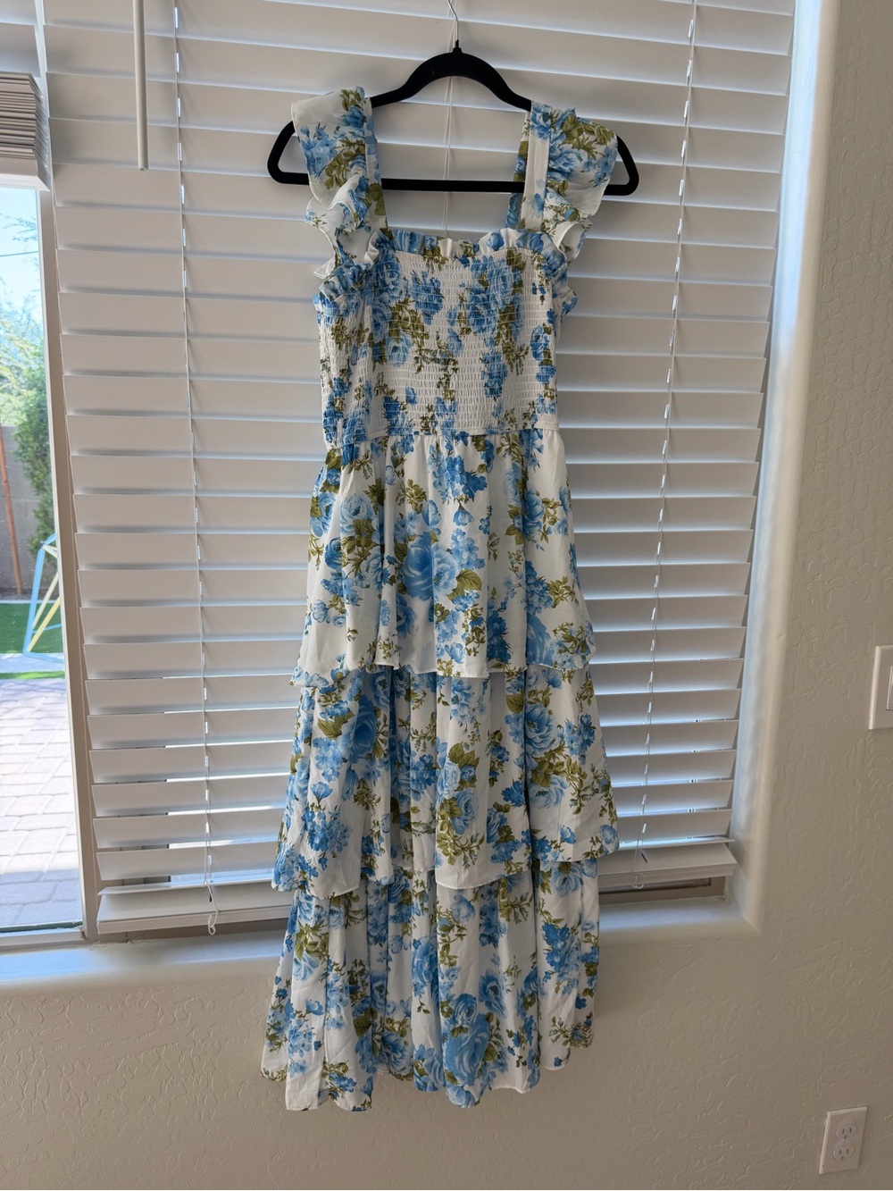 White Floral Smocked Tiered Dress with Blue Roses